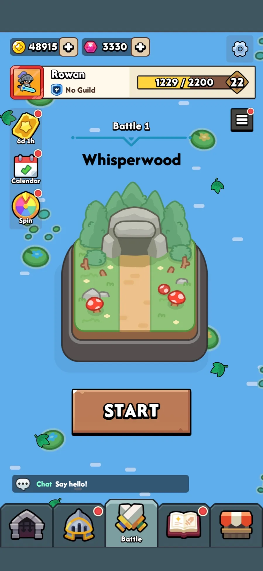 LuckForge home screen: the Whisperwood card with the Start button