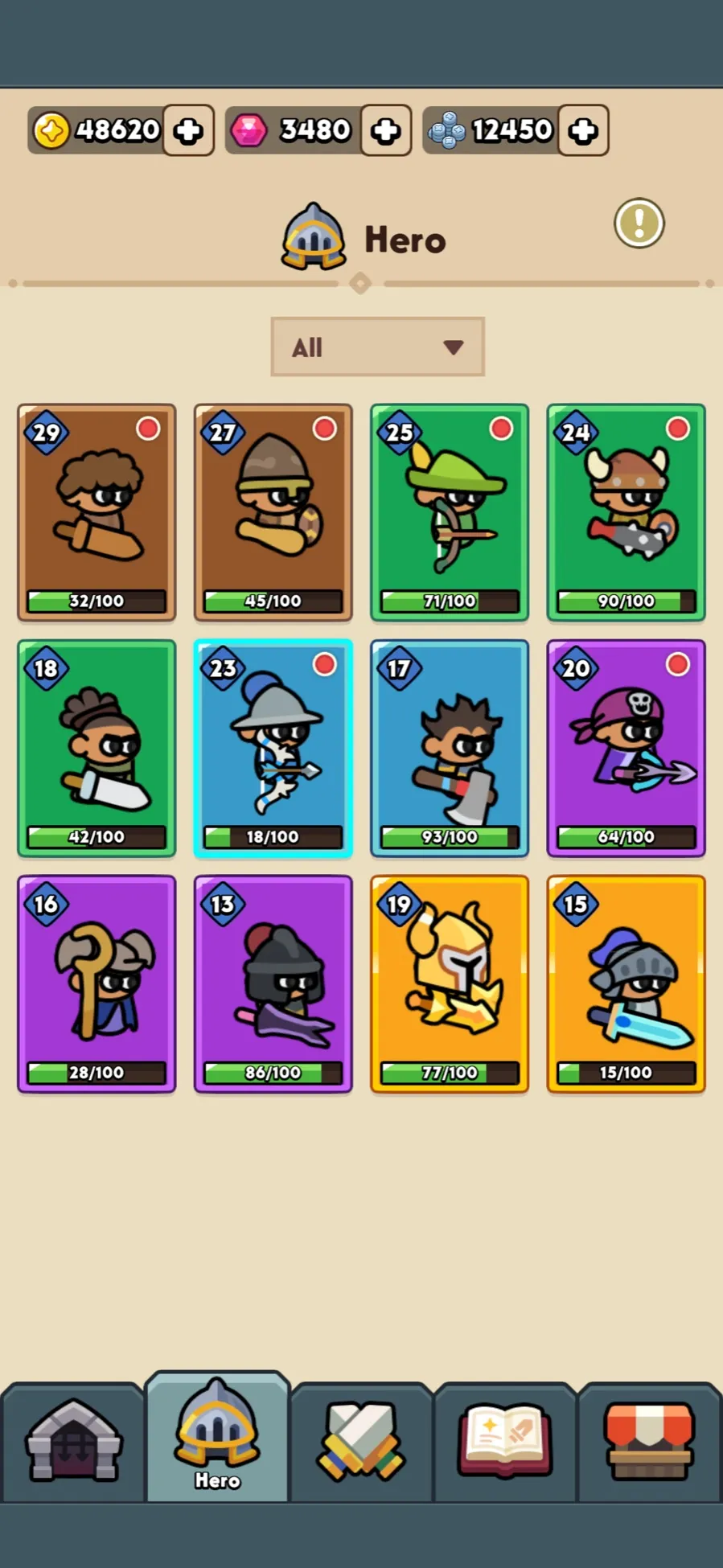 The heroes screen with all collected heroes and their rarity frames