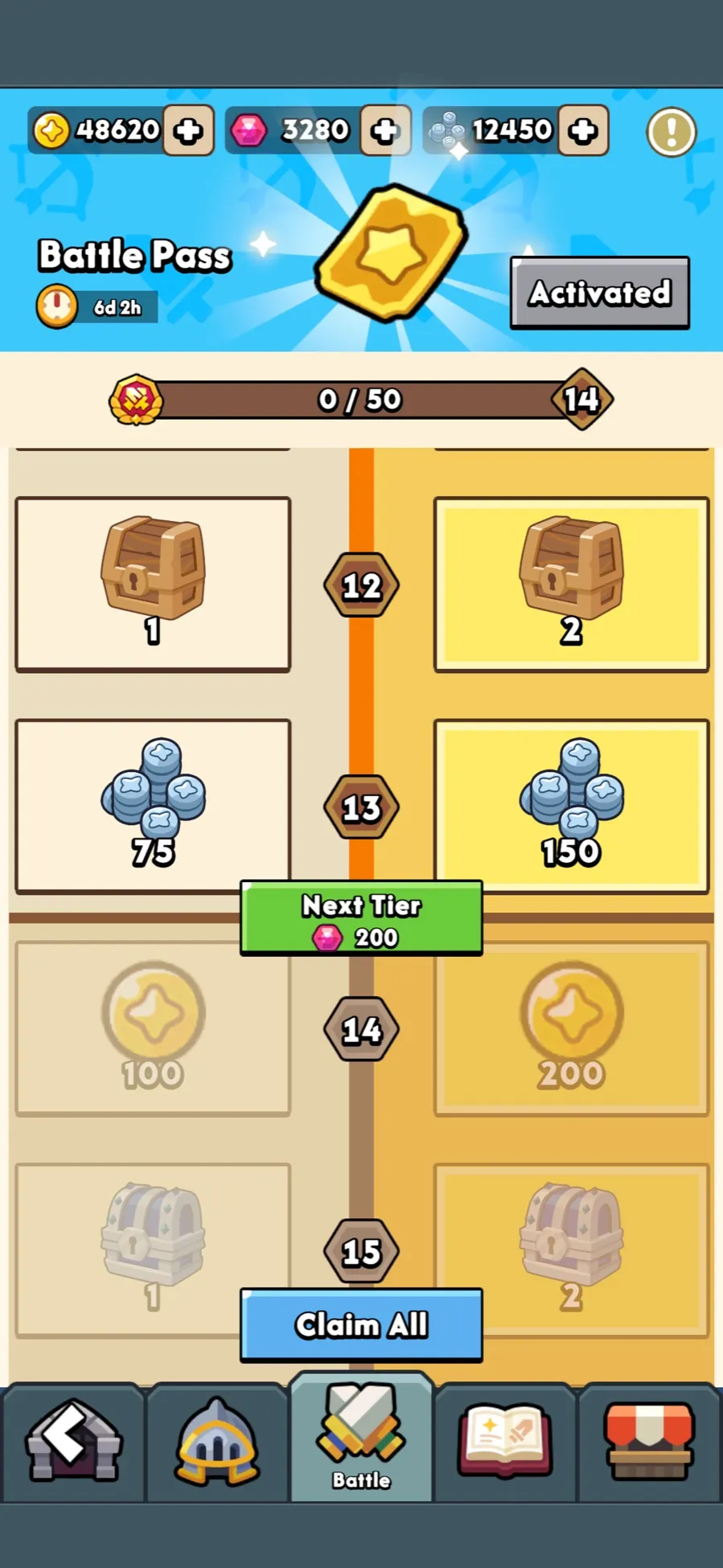 The Battle Pass screen with free and premium reward tracks