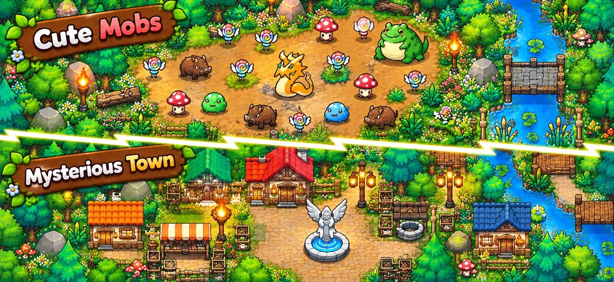 LuckForge marketing image: mobs and town