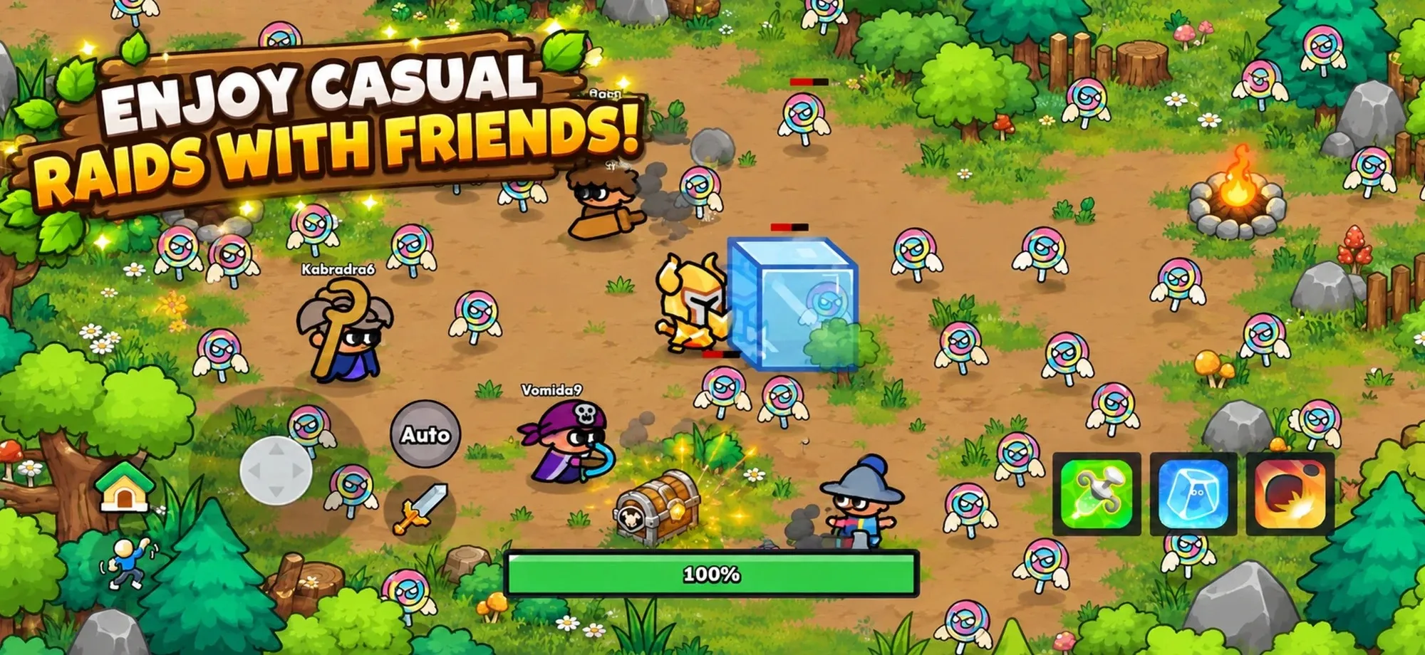 Players raid Whisperwood together and fight a crowd of monsters. Text: Enjoy casual raids with friends!